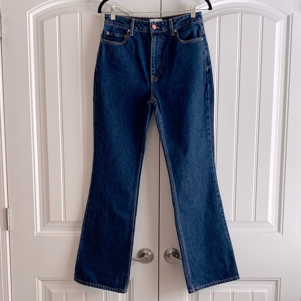 Ganni NWT Betzy Dark Blue Stone High Rise Slim Flare Full Length Jean Size 28/32